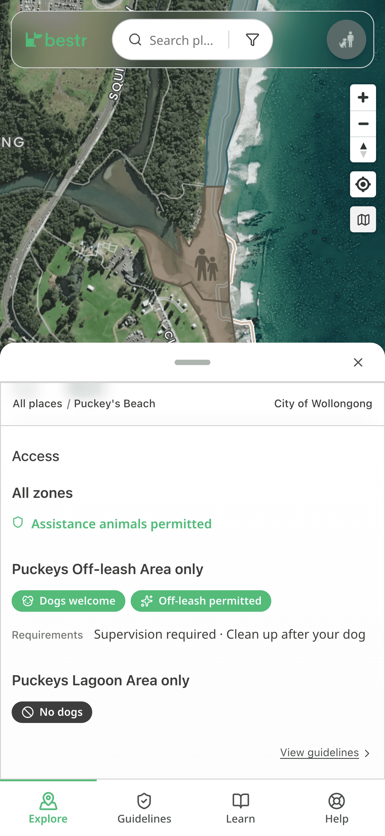 Bestr mobile map view showing Puckey's Beach zones and location-specific access guidance.